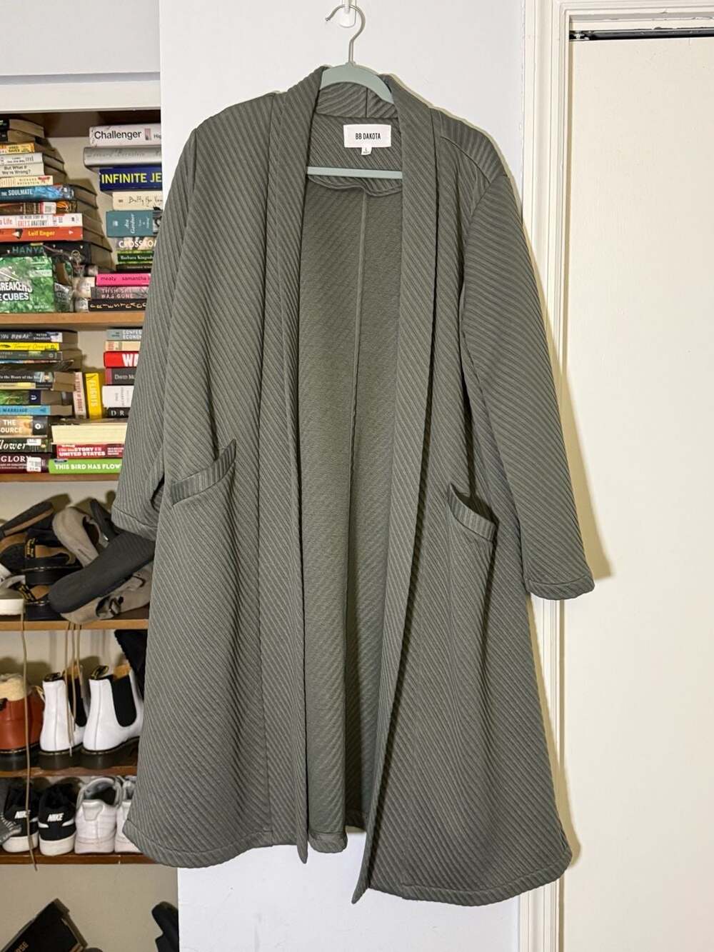 BB Dakota Long Cardigan Size L Green Ribbed Open Front Duster Coat